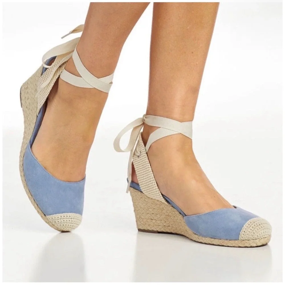 Vionic Maris Light Blue Suede Ankle Tie Espadrille Wedge Sandals Womens 10